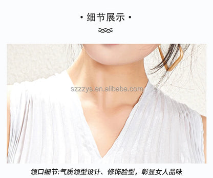 Summer Dress for Women Front and Back V-neck Solid Color Sleeveless Miyake Pleated Loose Casual Fashion Elegant Dress