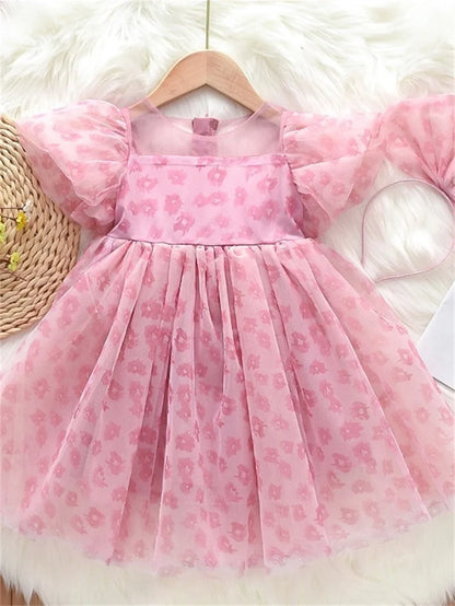 Summer Dress For Girls Children's Clothing Pink Floral Puff Sleeve Dress Baby Chiffon Princess Dress For Daily Holiday Dresses