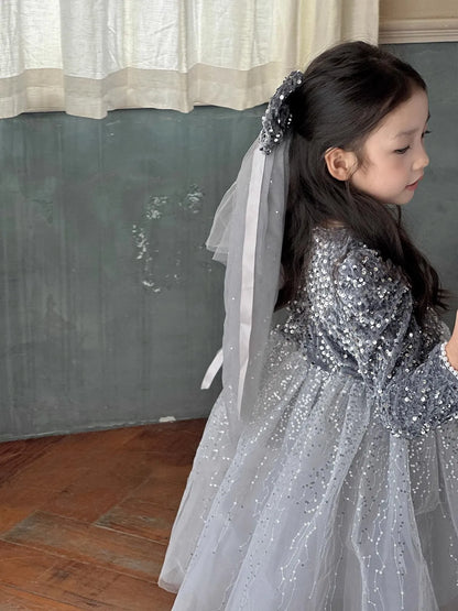 Winter Baby Girls Sequin Work Fleece Lined 4-Layer Mesh Zip Back Dresses with Head Veil Kids Outfit Children Sweet Skirt 2-8 Yr