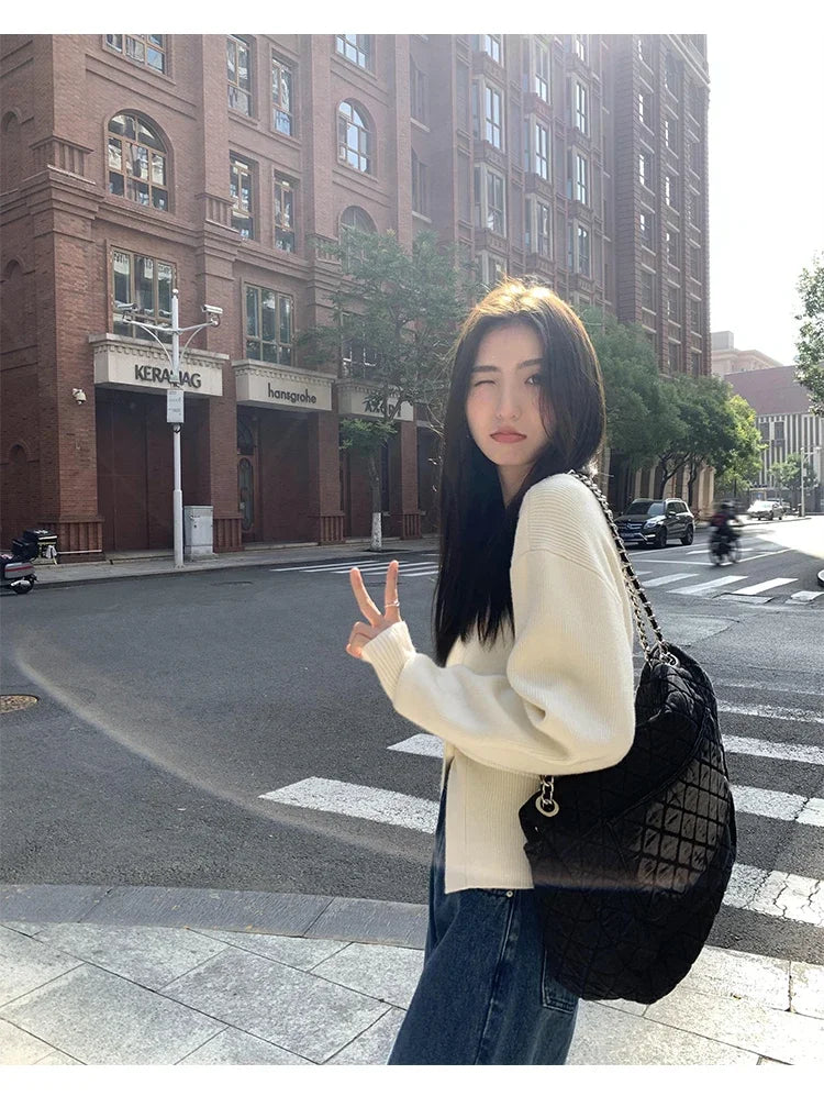 Zjaiss 2025 Autumn Winter Elegance Solid Color V-neck Sweater Knitted Casual Cardigan Unique And Niche Slim Fit Tops