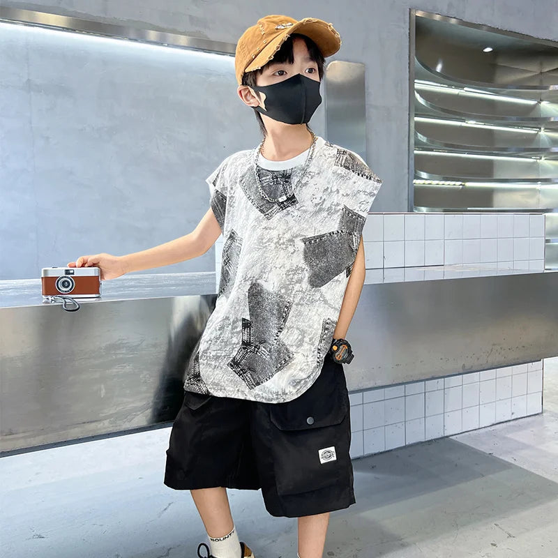 Boys Summer Clothing Sets Sleeveless Top + Shorts Two Pieces Soft Cotton Outfits for Kids Child Age 5 6 7 8 9 10 11 12 13 14 Y