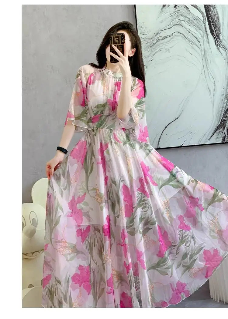 Summer Holiday Floral Dress Women Beach Flower Print Flare Sleeve Back Bow Lace Up High Waist Draped Chiffon Party Long Vestidos