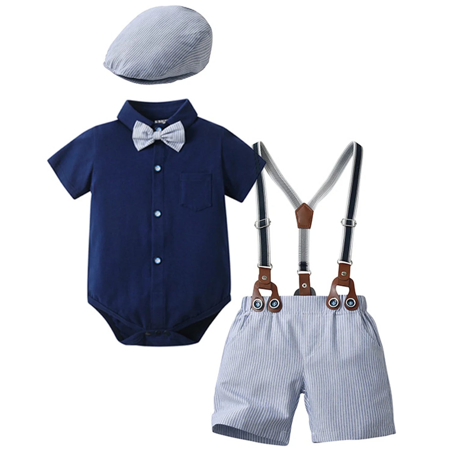 Baby Boys Summer Short Sleeve Lapel Bow Tie Romper with Suspender Shorts Beret Christening Birthday Wedding Party Gentlemen Suit
