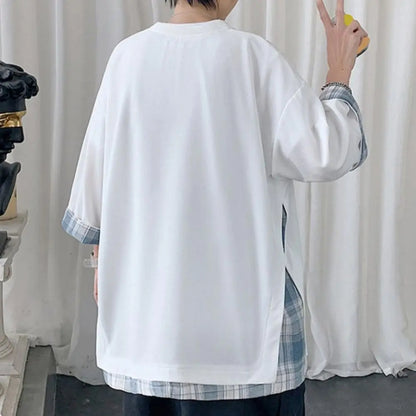 Summer Men's T-shirts  Korean Style Loose Fake Two-piece Mid Length Plus Size Three Quarter Sleeves Streetwear Outdoor Top