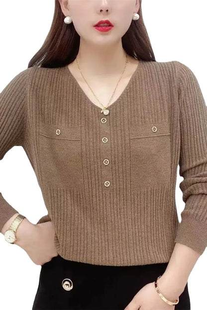 New Long Sleeve Knit V-Neck Pullover Loose Thin Sweater Underlay Autumn Sweater Top