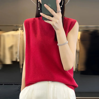 2024 Cashmere Vest Women's 100% Merino Wool Pullover Indoor Sleeveless Sweater Half-turtleneck Office Tops Waistcoat