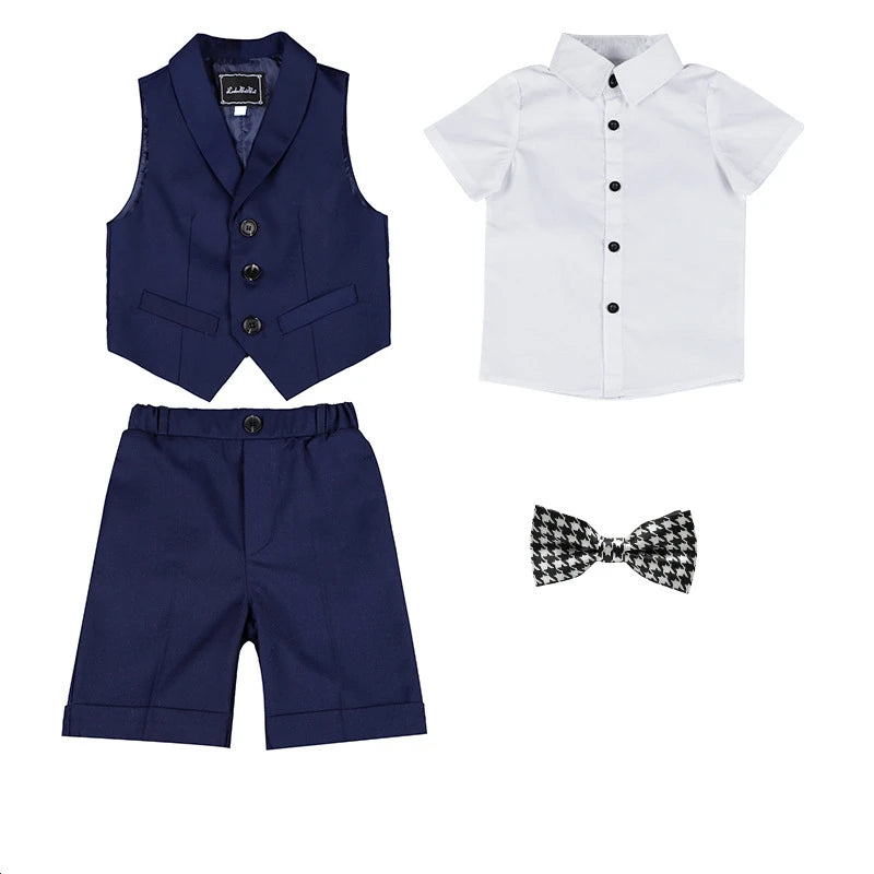 Boys Summer Vest Shirt Shorts Formal Dress Kids Candy Color Waistcoat Wedding Clothes Sets Child Uniforms Toddler Tuxedo Costume