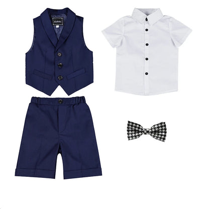 Boys Summer Vest Shirt Shorts Formal Dress Kids Candy Color Waistcoat Wedding Clothes Sets Child Uniforms Toddler Tuxedo Costume