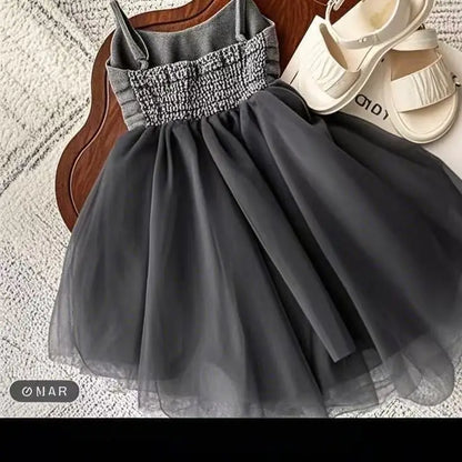 Girls Summer Dress 2025 New Summer Strap Dress Children Princess Denim Fashion Yarn Patchwork Dress