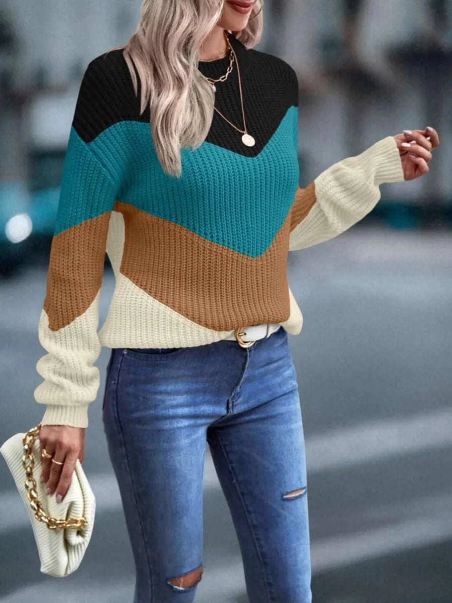 Knit Sweaters Women Jumpers Striped Print Round Neck Streetwear Pullover Top Casual Long Sleeve Warm Sweater Autumn Winter