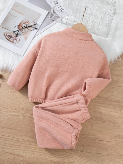 Girls Winter Casual Outfit Solid Color Fleece Thickened Hoodie Pants Clothes Set Half-Zip Children Sweater Sets