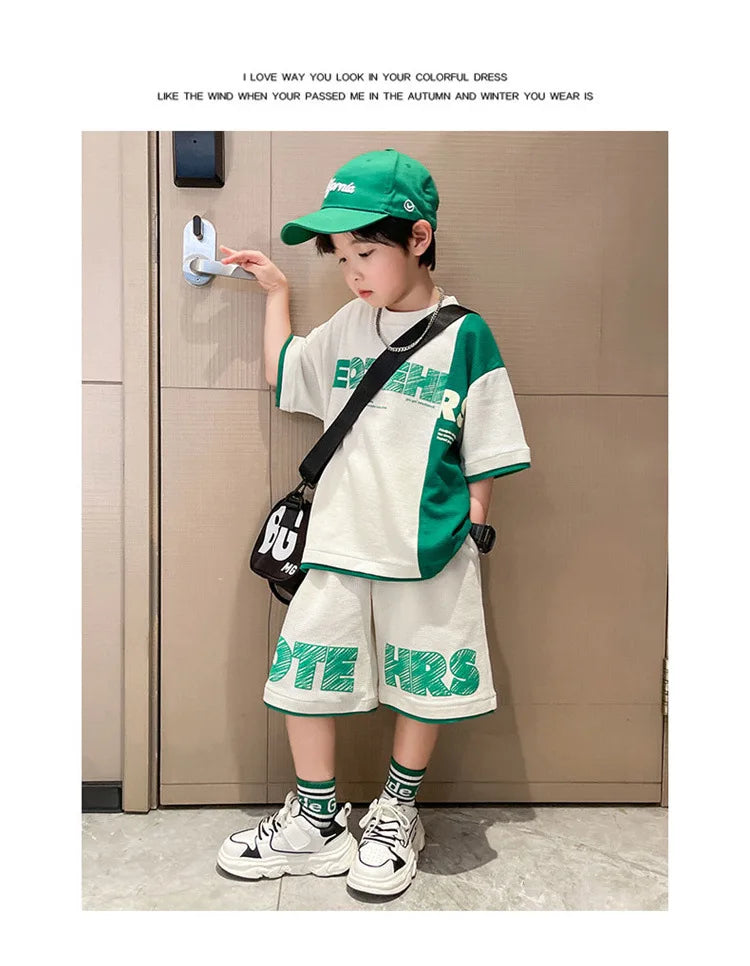 4 5 6 8 10 12 14 Years Summer Boys Clothing Sets New Fashion Letter Top + Shorts 2Pcs Kids Tracksuit Birthday Gifts Kids Clothes