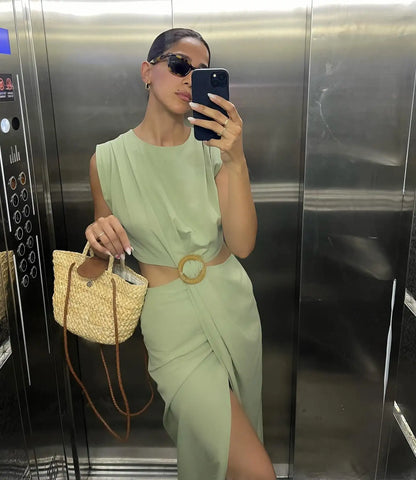 Summer Dress For Women 2024 Solid Waist Hollow Out O-Neck Sleeveless Slit Long Dresses Wild Casual Beach Woman Even Dress