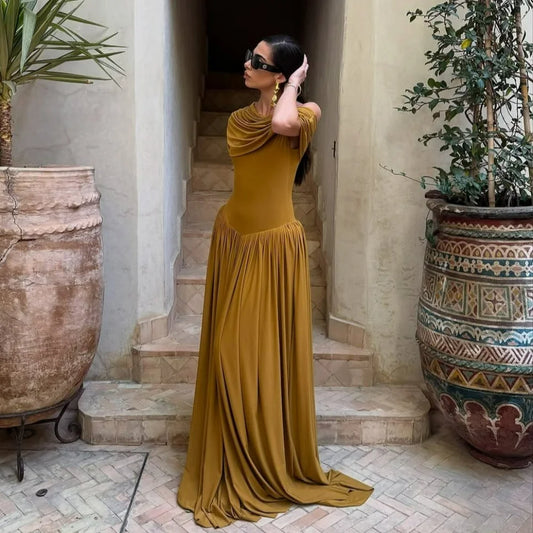 Elegant Long Summer Dress For Women Fashion Off-shoulder Slim Evening Party Dresses Luxury High Waist Pleated Maxi Dress 2025
