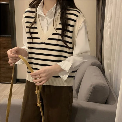 Women Autumn Winter Preppy Style Sweater Vest New Fashion Pullover Elastic Knit Ladies Jumper Casual Stripped Female Basic Tops