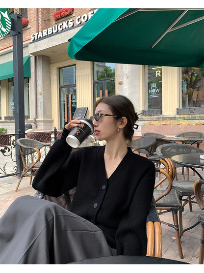 Zjaiss 2025 Autumn Winter Elegance Solid Color V-neck Sweater Knitted Casual Cardigan Unique And Niche Slim Fit Tops