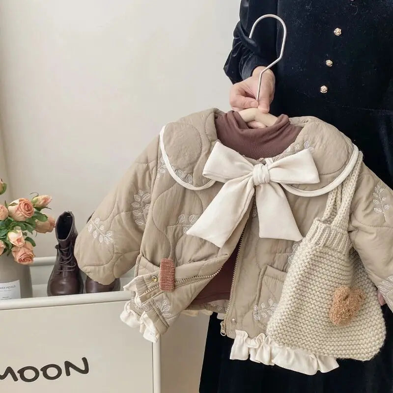 Winter Girls Coat Kids Baby Parkas Cotton Padded Plus Velvet Thickened Warm Children's Coat Solid Girls Embroidery Jacket
