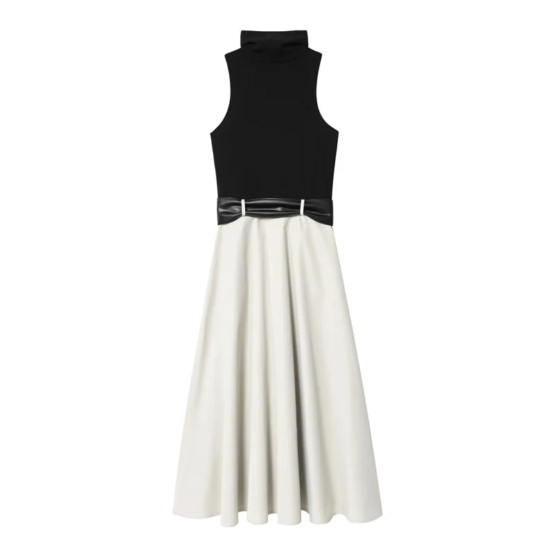 Women's Dress Summer 2025 New Color-blocked Sleeveless Belt Embellished Dress Long Dress Casual Fashion Temperament Elegance