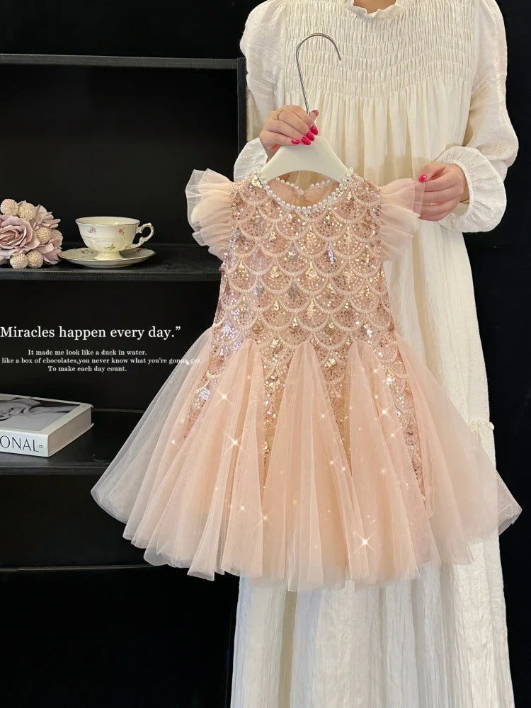 Girls Dress 2025 Summer New Children Elegant Princess Dress Baby Fashion Mesh Flying Sleeve Tank Top Dress