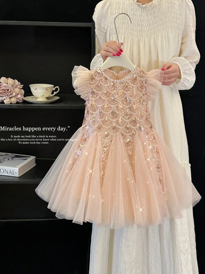 Girls Dress 2025 Summer New Children Elegant Princess Dress Baby Fashion Mesh Flying Sleeve Tank Top Dress