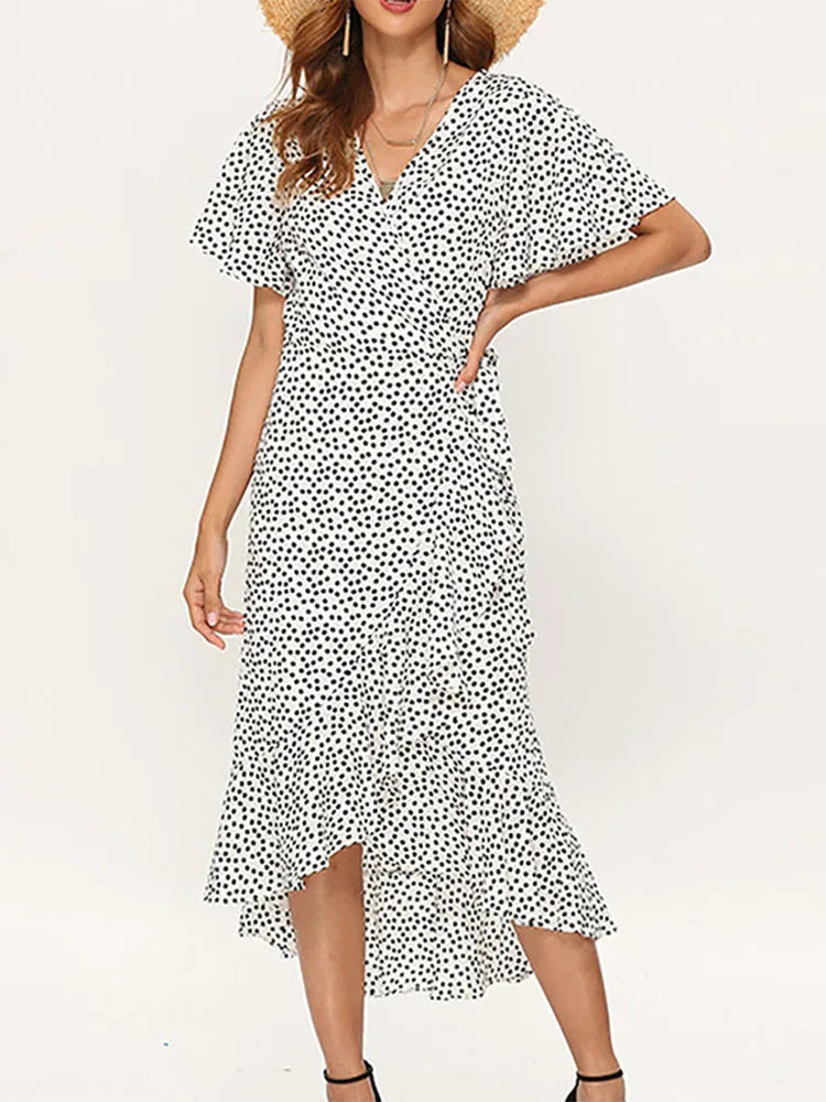 Summer Beach Maxi Dress Women Floral Print Boho Long Chiffon Dress Ruffles Wrap Casual V-Neck Split Sexy Party Dress Robe Femme