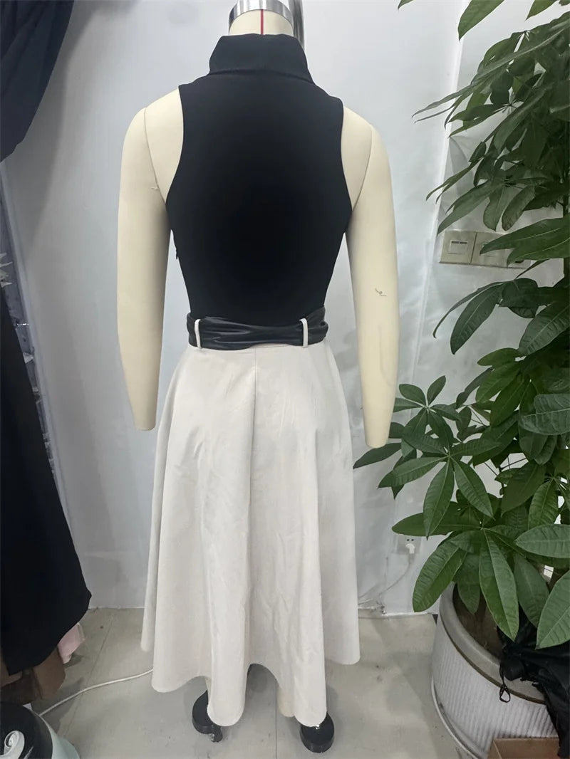Women's Dress Summer 2025 New Color-blocked Sleeveless Belt Embellished Dress Long Dress Casual Fashion Temperament Elegance