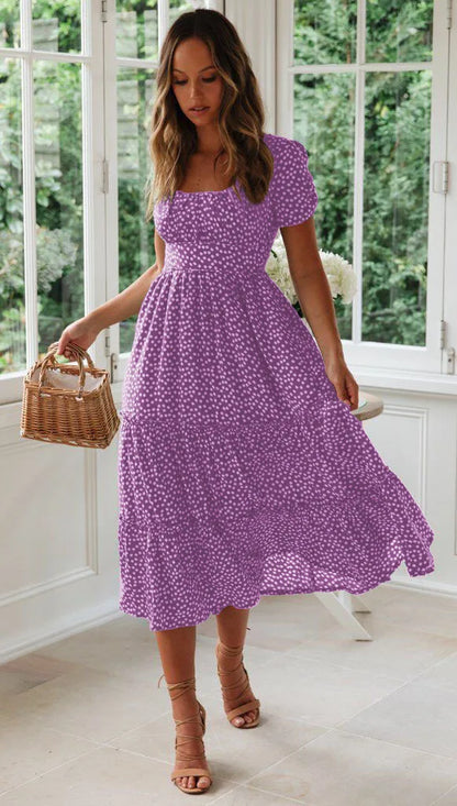 Summer Women's Beach Sweet Dresses Vestidos Vintage Print Puff Sleeve Casual Square Collar Floral Female Maxi Long Dress