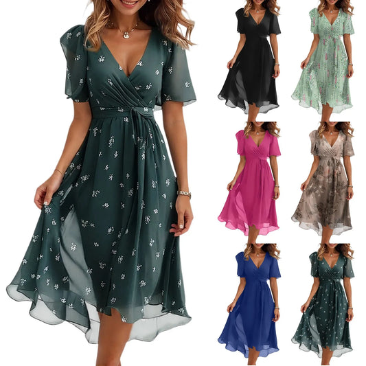 Women Summer Thin Dress Daily Casual Fashion Wrinkles V-Neck Waist Cinching A-Line Zipper Dress Lightweight Comfy Vacation Dress