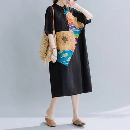 Women Summer Clothing 2025 New Style Literary Splicing Loose Printed Button Splicing Shirt Dress