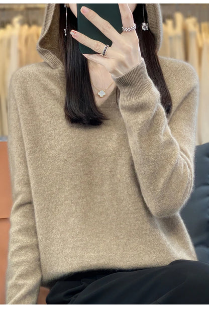 2024 100% Merino Pure Wool V-neck Hoodie Autumn/Winter Hoodie New Cashmere Sweater Women's Casual Knitted Top DMR207