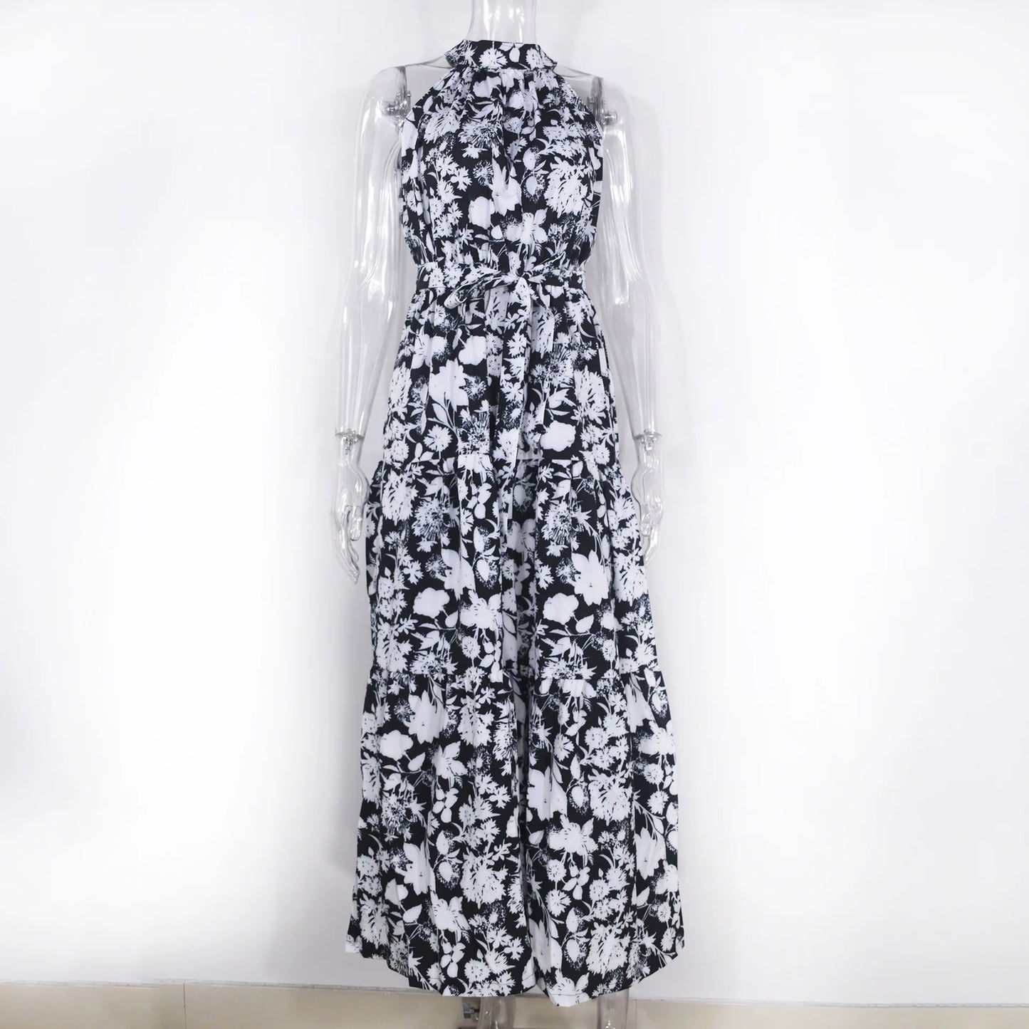 Summer Floral Print Halter Neck Dresses For Women Sleeveless Leace-up Long Dress Casual Beach Holiday Vestidos Female Clothing