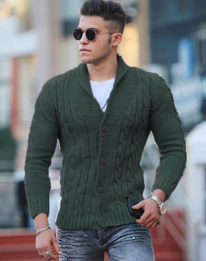 Autumn Winter Men's Warm Knitted Sweater Solid Single-breasted Twisted Texture Cardigan Lapel Slim Buttoned Thick Sweater Male
