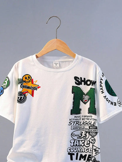 Summer Kids' Suit Boys' Loose Casual Crewneck Patterned Short-sleeved T-shirt and Shorts Comfortable Cool Tracksuit