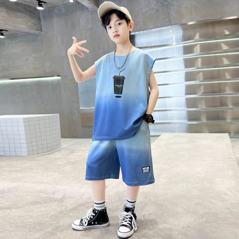 Fashion Boys Summer Top and Bottom set Clothing for Kids Child Casual Sleeveless Tshirt And Shorts Two Pieces Tracksuit Outfit