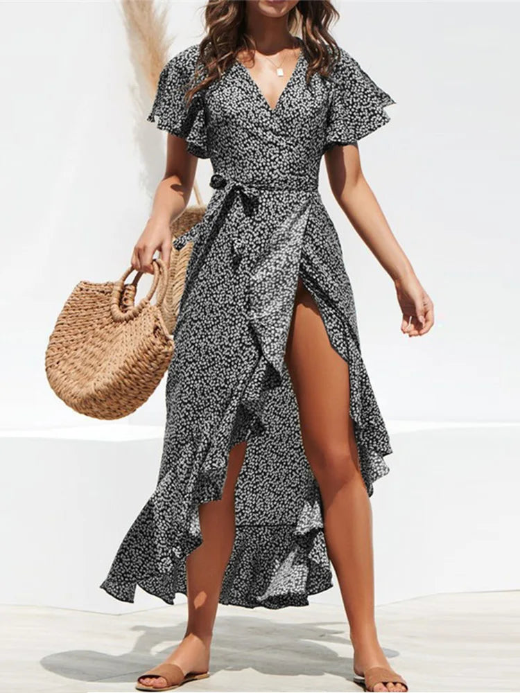 Summer Beach Maxi Dress Women Floral Print Boho Long Chiffon Dress Ruffles Wrap Casual V-Neck Split Sexy Party Dress Robe Femme
