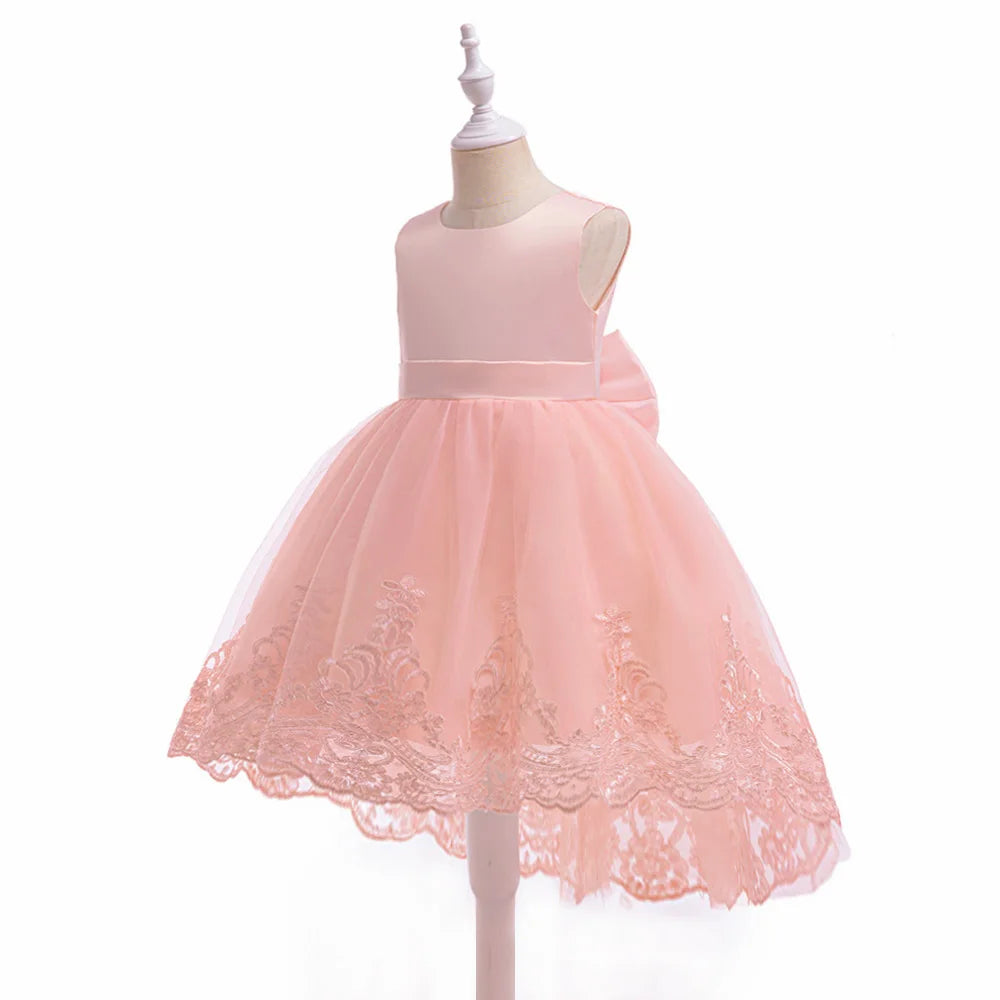 Trailing Party Dresses For Girl Pink Flower Bow Wedding Bridesmaid Girls Dress Elegant Tulle Birthday Princess Evening Prom Gown