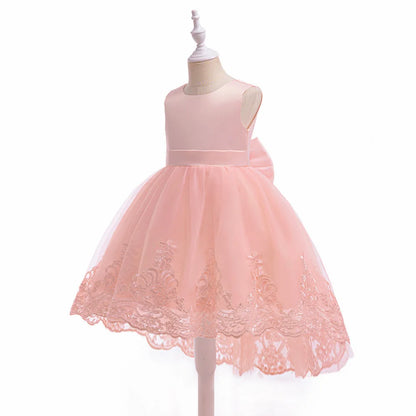 Trailing Party Dresses For Girl Pink Flower Bow Wedding Bridesmaid Girls Dress Elegant Tulle Birthday Princess Evening Prom Gown