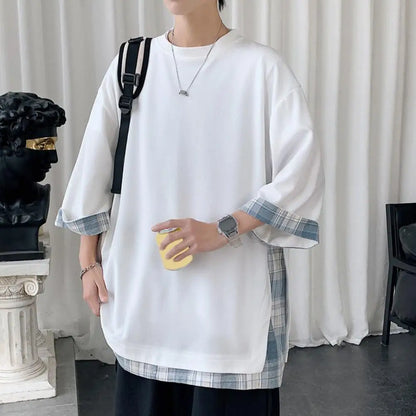 Summer Men's T-shirts  Korean Style Loose Fake Two-piece Mid Length Plus Size Three Quarter Sleeves Streetwear Outdoor Top