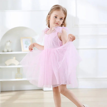 Flower Girl Dresses Pink Tulle Puffy With Bow Sleeveless Toddler Girls Baptism Wedding Birthday Party Dress Leisure Frocks
