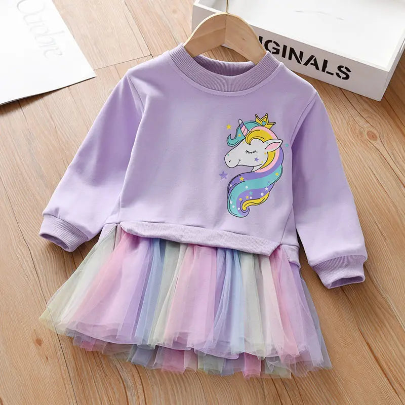 Girl Unicorn Princess Dress 2025 New Winter Girl Dress Children's Unicolor Sweaters + Mesh Dress Set Children's Clothing 2-8Y