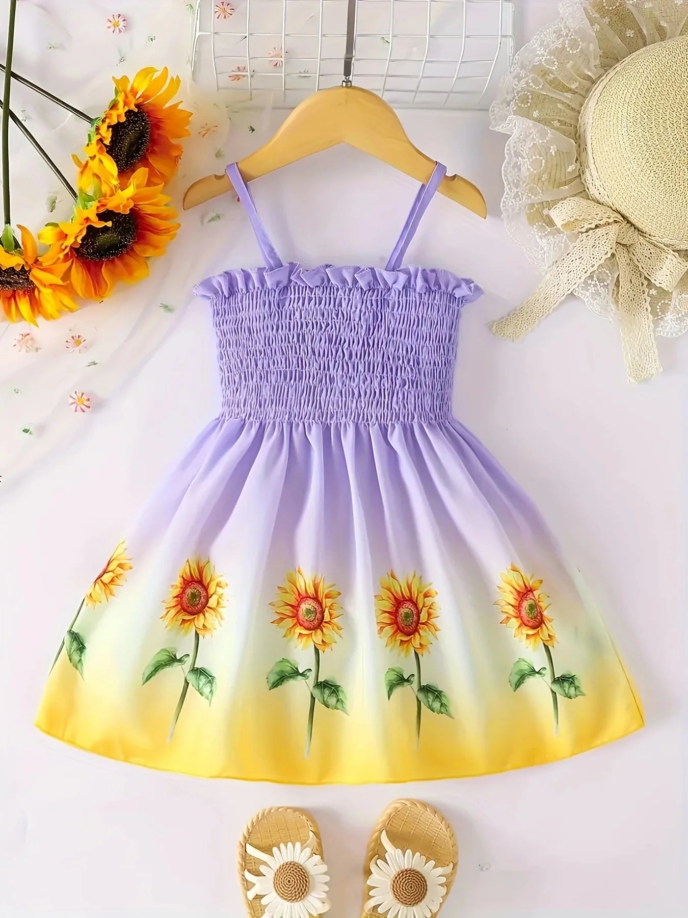 Summer style dress for girls aged 1-8, with suspender straps, pleated sunflower print, rustic style, for baby girls