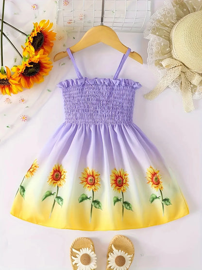 Summer style dress for girls aged 1-8, with suspender straps, pleated sunflower print, rustic style, for baby girls