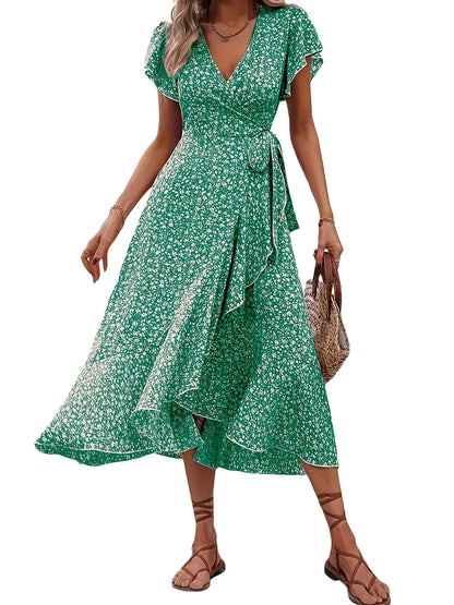 Women's Summer Flower Print Ruffle Dress Fashion 2025 Elegant Short Sleeve Wrap V Neck Tie Side Dresses