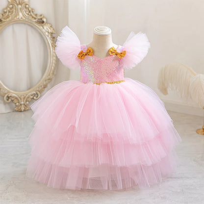 Girl's Flutter Sleeve Bow Princess Dress Wedding Flower Girl Dress Girl's Birthday Party Piano Host Masquerade Performance Costume