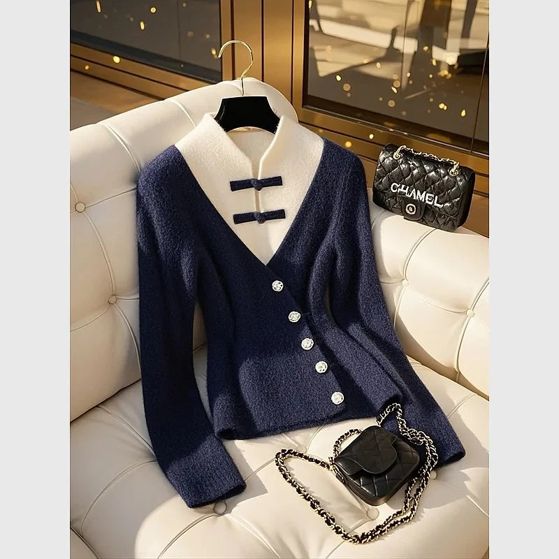Autumn Winter 2025 Beautiful Temperament Chinese-Style Women Knitting Sweater Fake Two-piece Elegant Cardigan Ladies Sweater