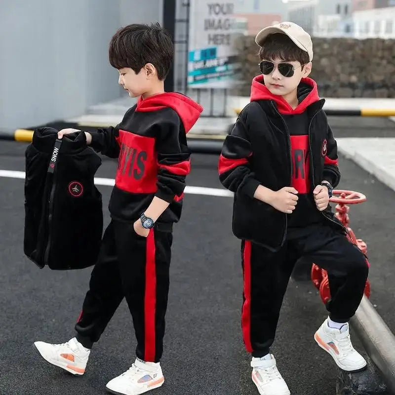 2025 winter Boys tracksuit Autumn Toddler Teenager Clothes vest velvet jacket + Sweatishrt hooded + Pant Children Kids 4 12 year