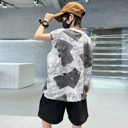 Boys Summer Clothing Sets Sleeveless Top + Shorts Two Pieces Soft Cotton Outfits for Kids Child Age 5 6 7 8 9 10 11 12 13 14 Y