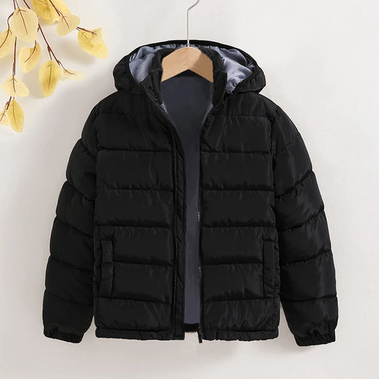 Winter New Jacket For Boy 8-12 Years Black Long-Sleeved Hat Detachable Padded Jacket For Boys Simple Style Jacket In Solid Color
