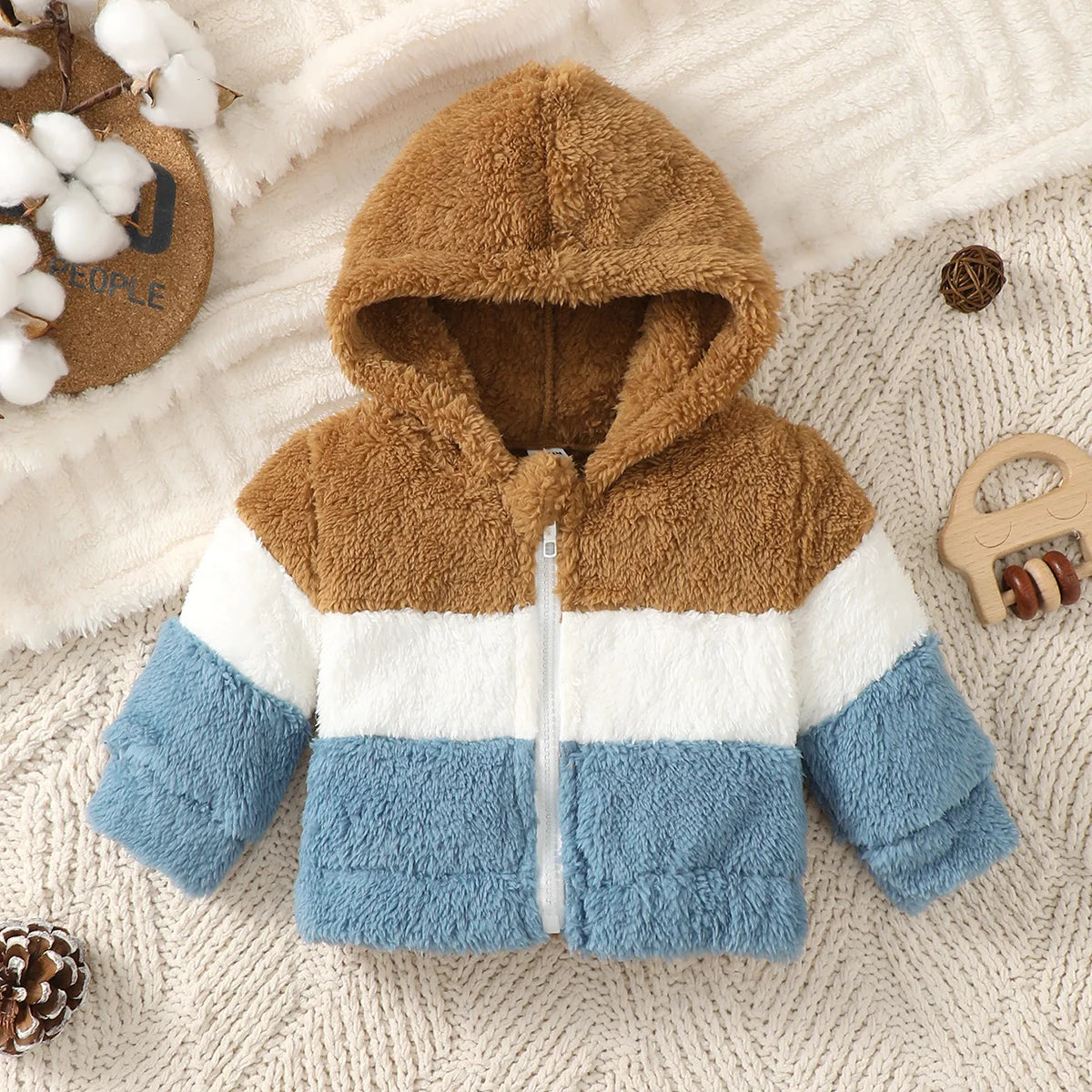 Baby boy Winter Color Blocked Plush coat Hood and Warm Zipper Coat for Baby boys, suitable for Newborns aged 0-9 Months