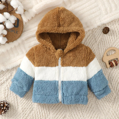 Baby boy Winter Color Blocked Plush coat Hood and Warm Zipper Coat for Baby boys, suitable for Newborns aged 0-9 Months